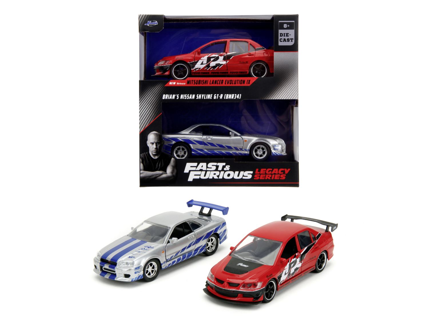 Rýchlo a zbesilo Twin Pack 2006 Mitsubishi Lancer Evo IX + Brianov 2002 Nissan Skyline GTR R34, 1:32 Wave 4/2